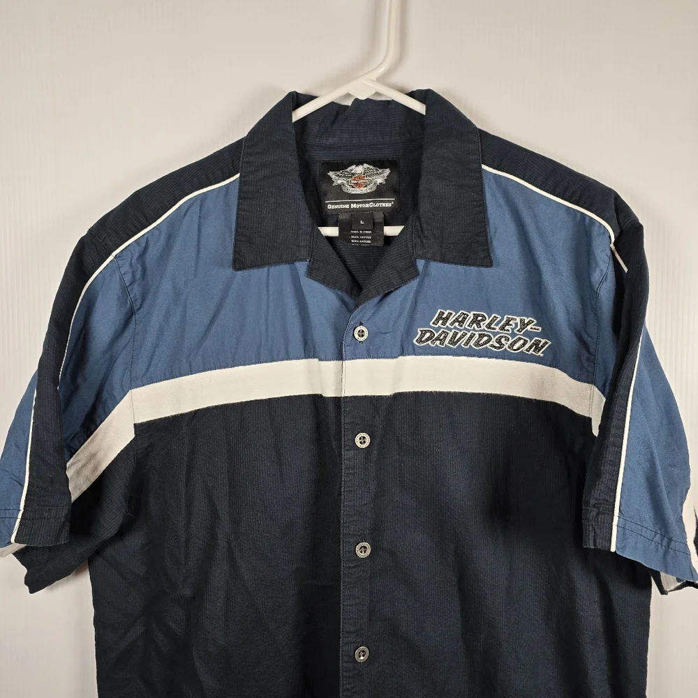 Harley-Davidson Men's Vintage Blue and Black Button Down Shirt Size L Moto - Picture 3 of 14